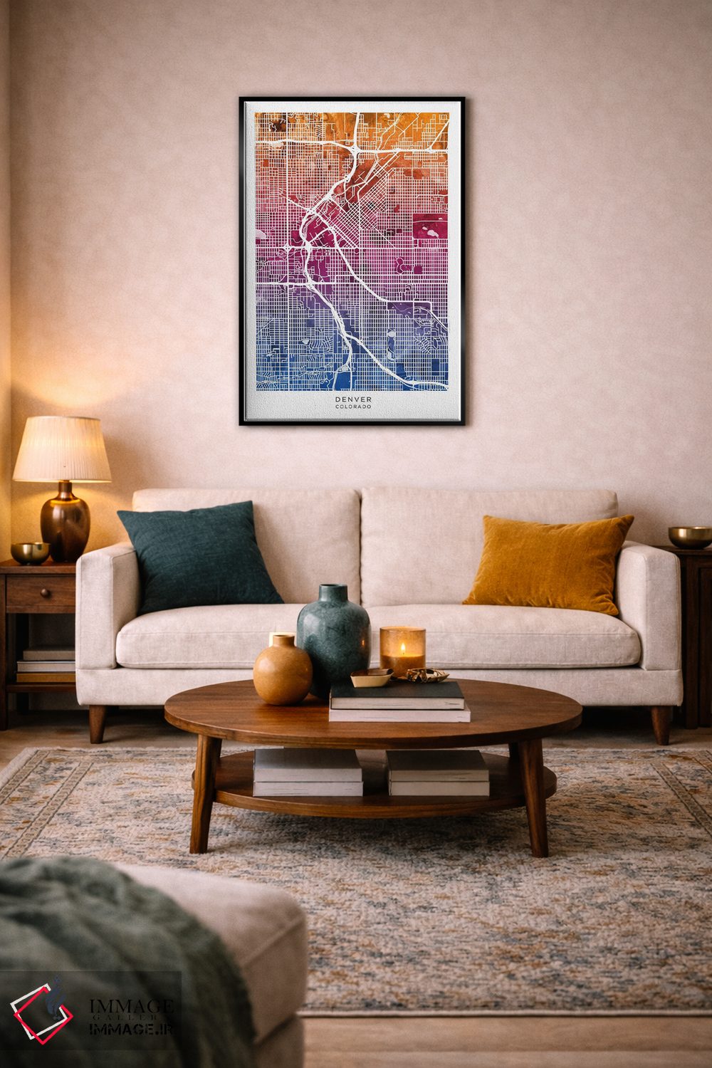 تابلو دکوراتیو نقشه دنور آبی-صورتی اثر مایکل تامپست - D6B