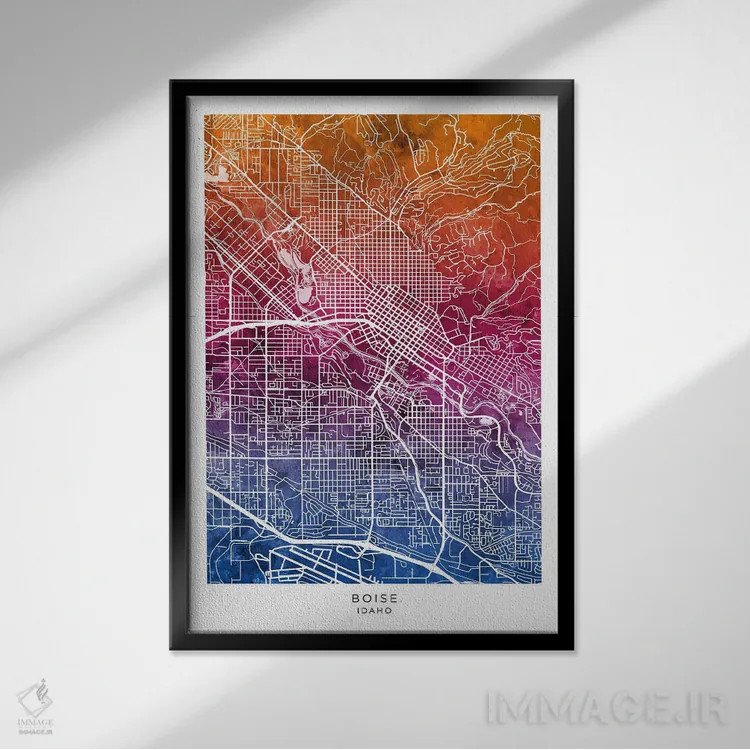 تابلو دکوراتیو نقشه بویزی آیداهو آبی-صورتی اثر مایکل تامپست - نمای قابدار مشکی