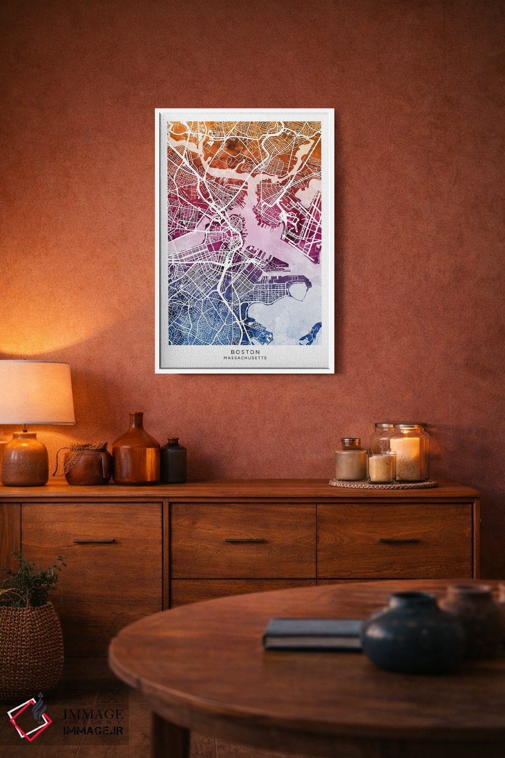 تابلو دکوراتیو نقشه بوستون آبی-صورتی اثر مایکل تامپست - D3W