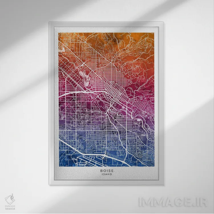 تابلو دکوراتیو نقشه بویزی آیداهو آبی-صورتی اثر مایکل تامپست - نمای قابدار سفید