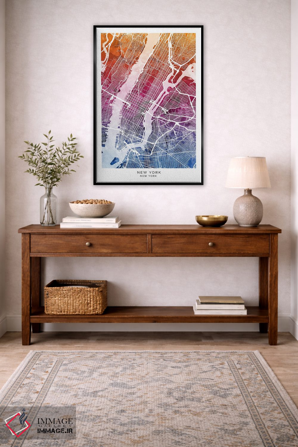 تابلو دکوراتیو نقشه نیویورک آبی-صورتی اثر مایکل تامپست - D4B