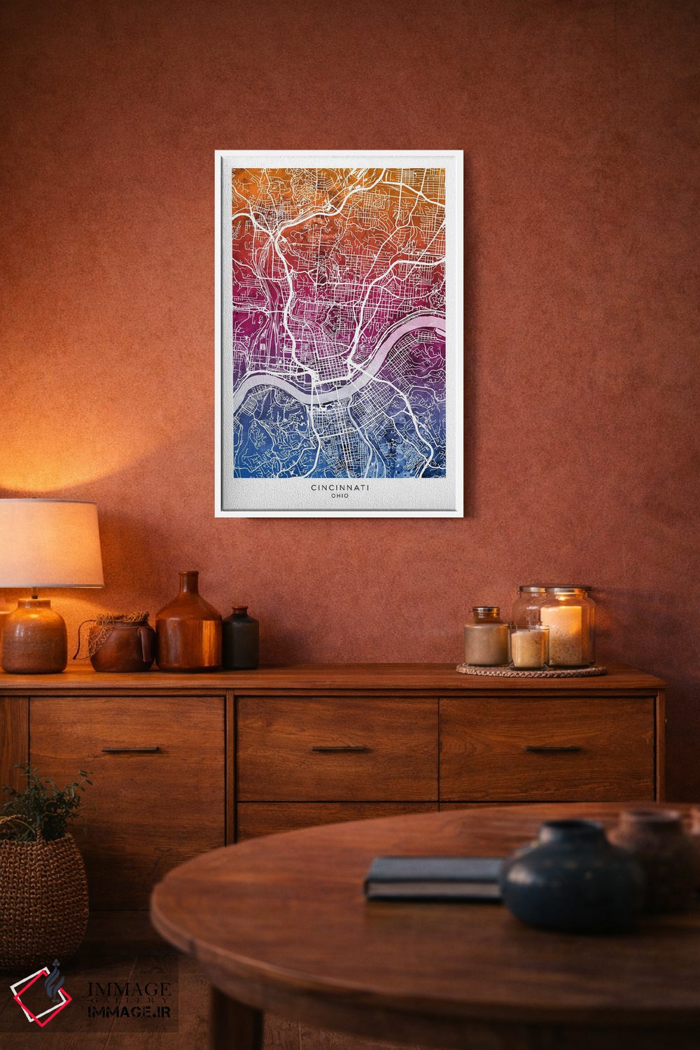 تابلو دکوراتیو نقشه سینسیناتی آبی-صورتی اثر مایکل تامپست - D4W