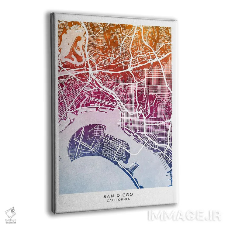 تابلو دکوراتیو نقشه سن دیگو آبی-صورتی اثر مایکل تامپست - نمای پرسپکتیو محصول