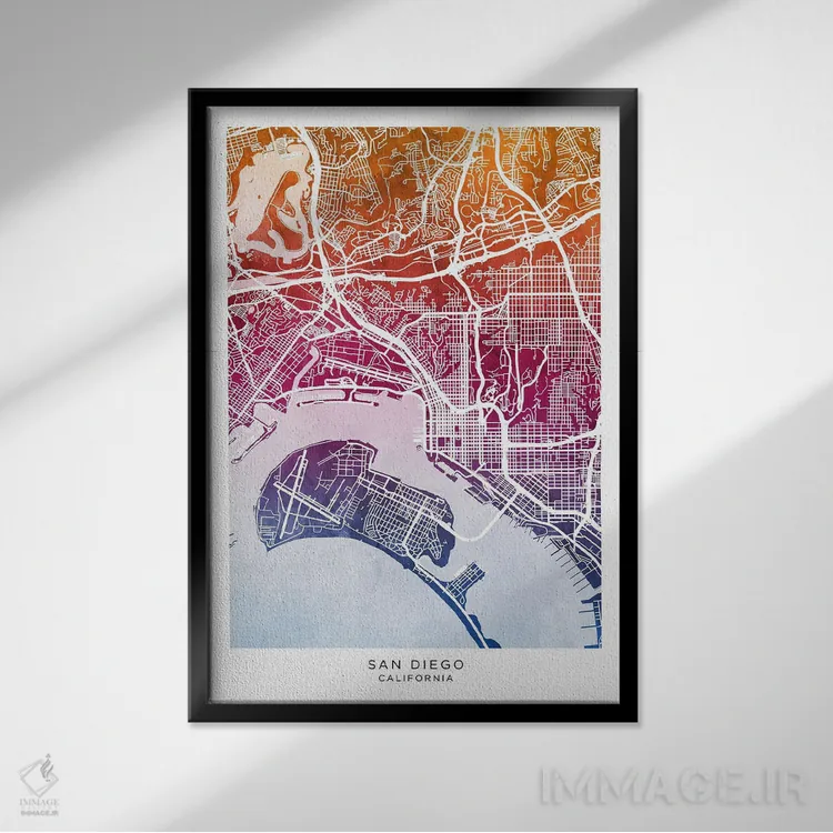 تابلو دکوراتیو نقشه سن دیگو آبی-صورتی اثر مایکل تامپست - نمای قابدار مشکی