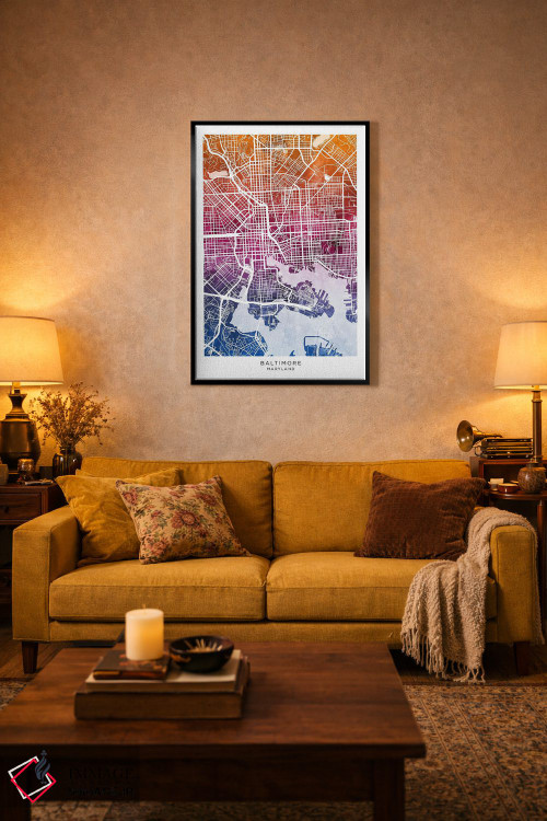تابلو دکوراتیو نقشه بالتیمور آبی-صورتی اثر مایکل تامپست - D3B