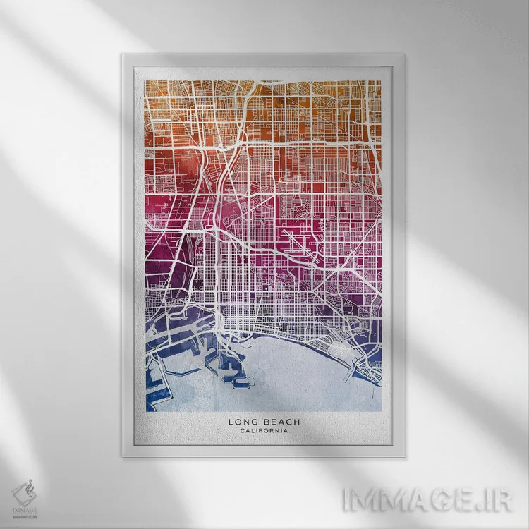 تابلو دکوراتیو نقشه لانگ بیچ آبی-صورتی اثر مایکل تامپست - نمای قابدار سفید