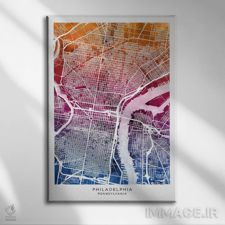 تابلو دکوراتیو نقشه فیلادلفیا آبی-صورتی اثر مایکل تامپست - نمای روبهرو روی دیوار