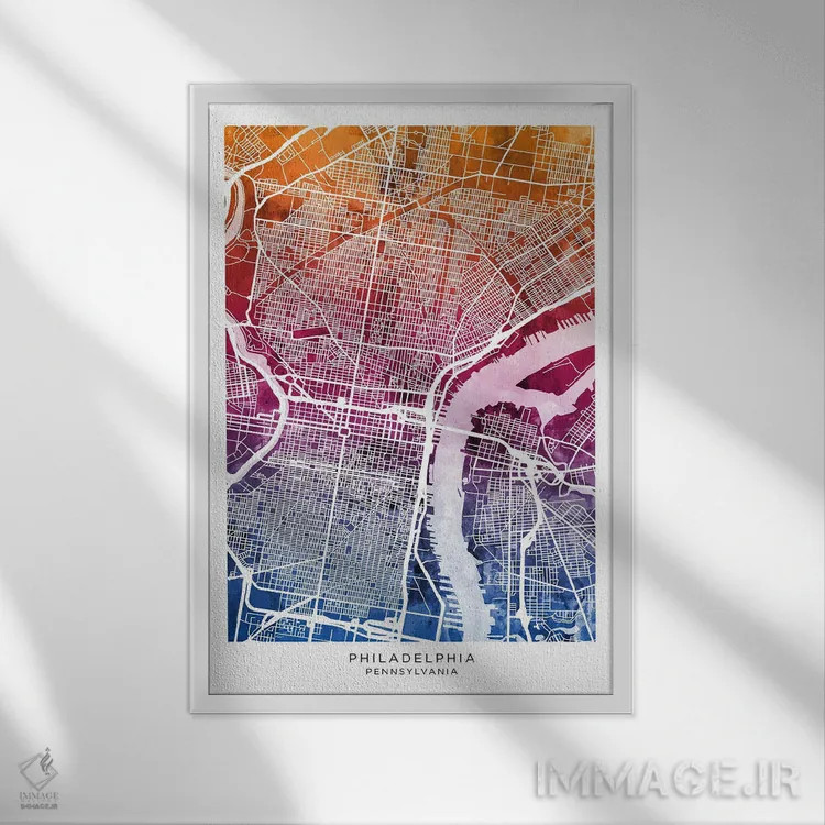 تابلو دکوراتیو نقشه فیلادلفیا آبی-صورتی اثر مایکل تامپست - نمای قابدار سفید