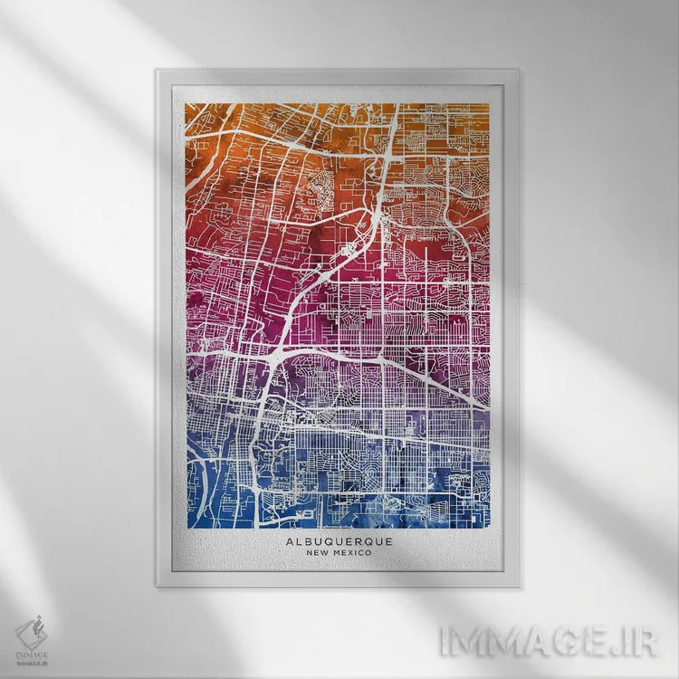 تابلو دکوراتیو نقشه آلبوکرکی آبی-صورتی اثر مایکل تامپست - نمای قابدار سفید