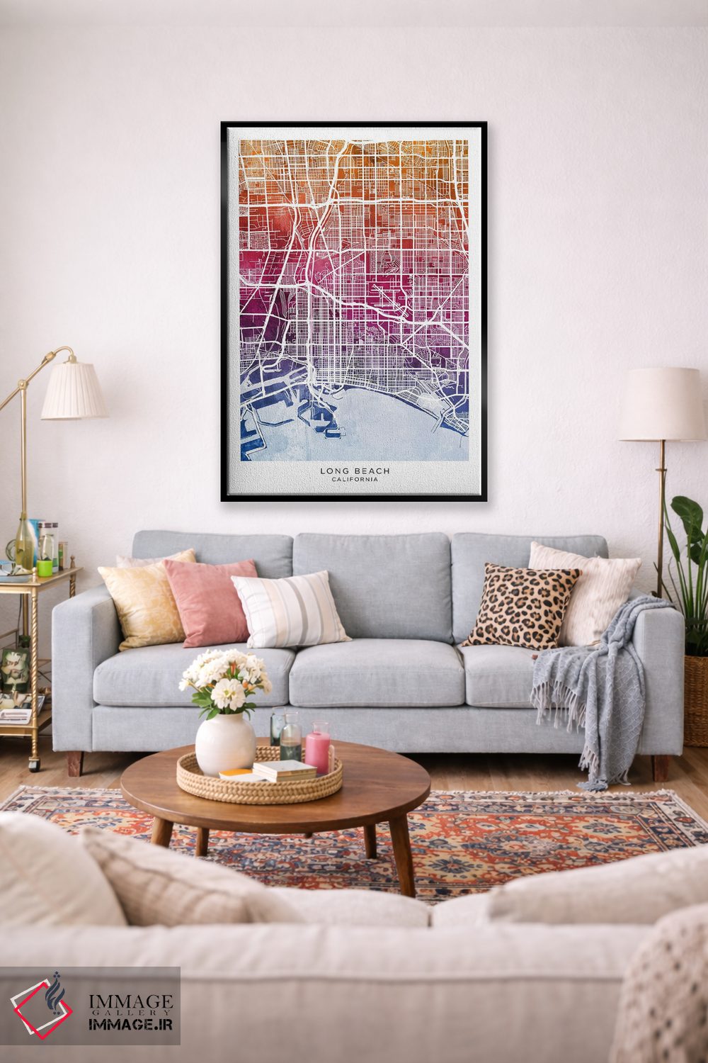 تابلو دکوراتیو نقشه لانگ بیچ آبی-صورتی اثر مایکل تامپست - D1B