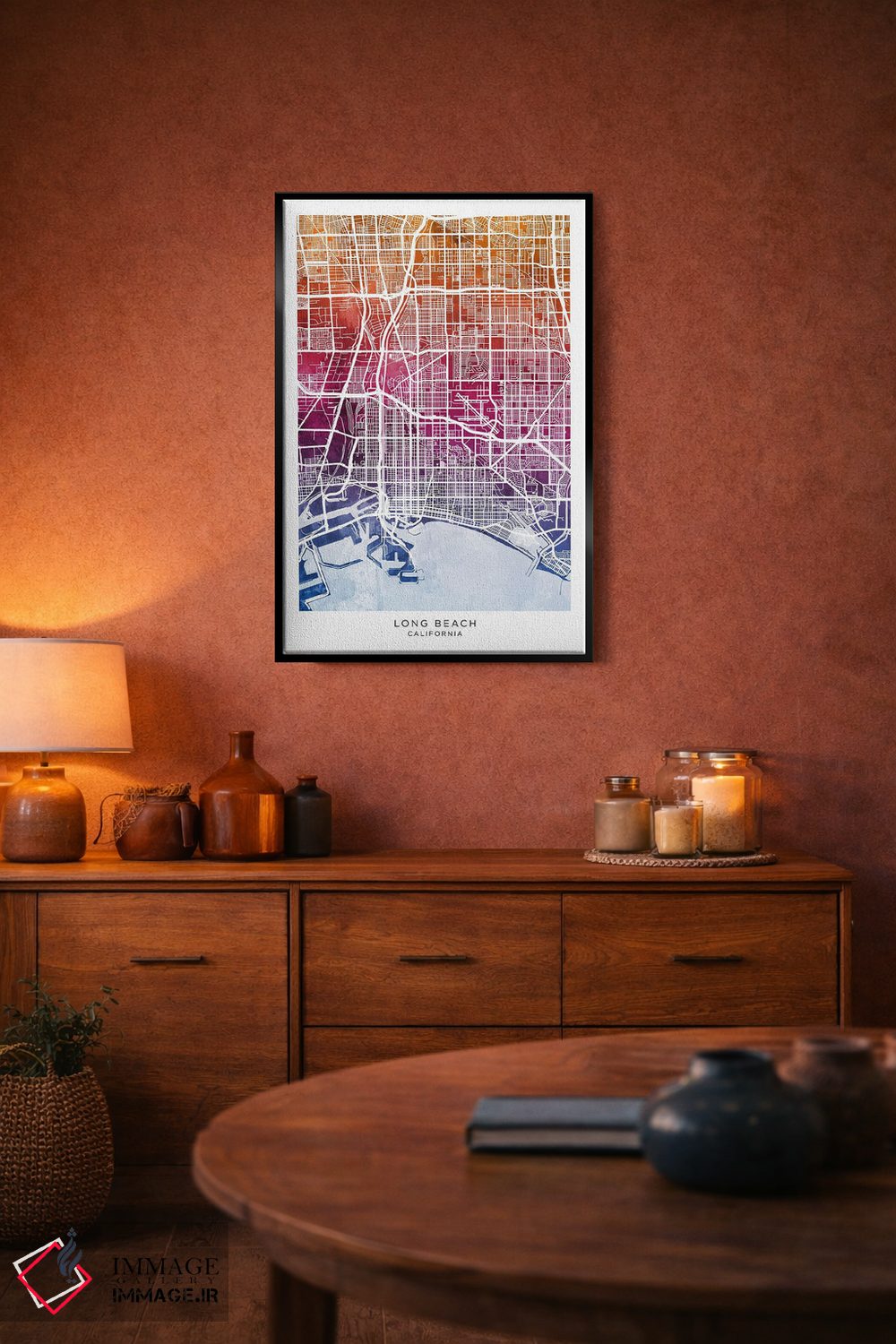 تابلو دکوراتیو نقشه لانگ بیچ آبی-صورتی اثر مایکل تامپست - D5B