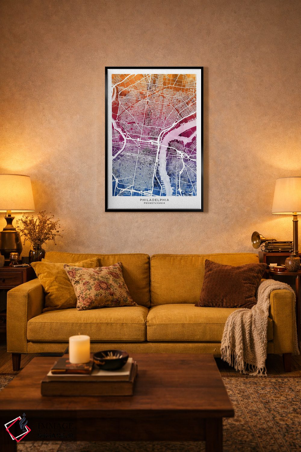 تابلو دکوراتیو نقشه فیلادلفیا آبی-صورتی اثر مایکل تامپست - D4B