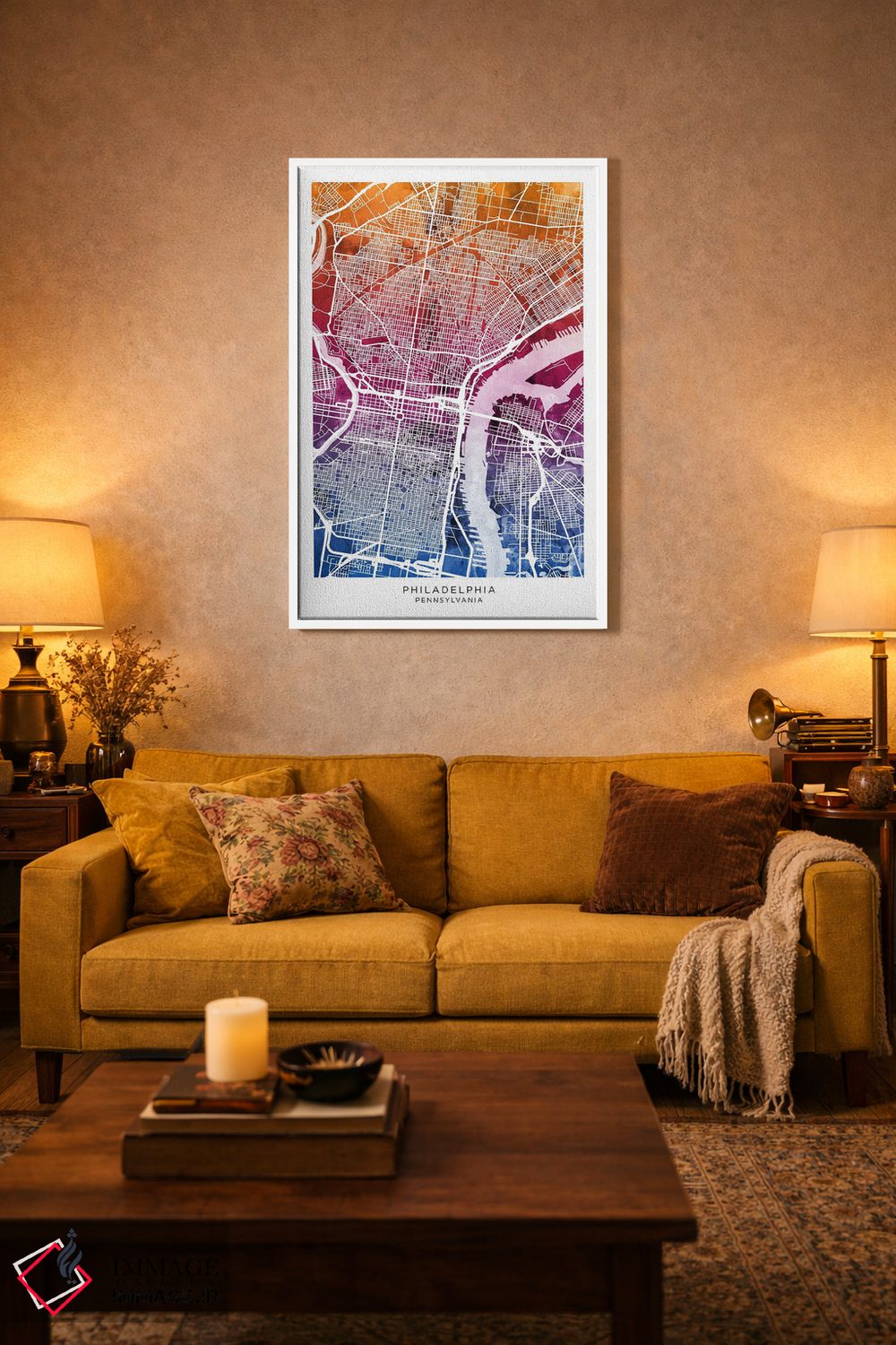 تابلو دکوراتیو نقشه فیلادلفیا آبی-صورتی اثر مایکل تامپست - D3W