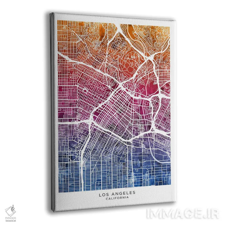 تابلو دکوراتیو نقشه لس آنجلس آبی-صورتی اثر مایکل تامپست - نمای پرسپکتیو محصول