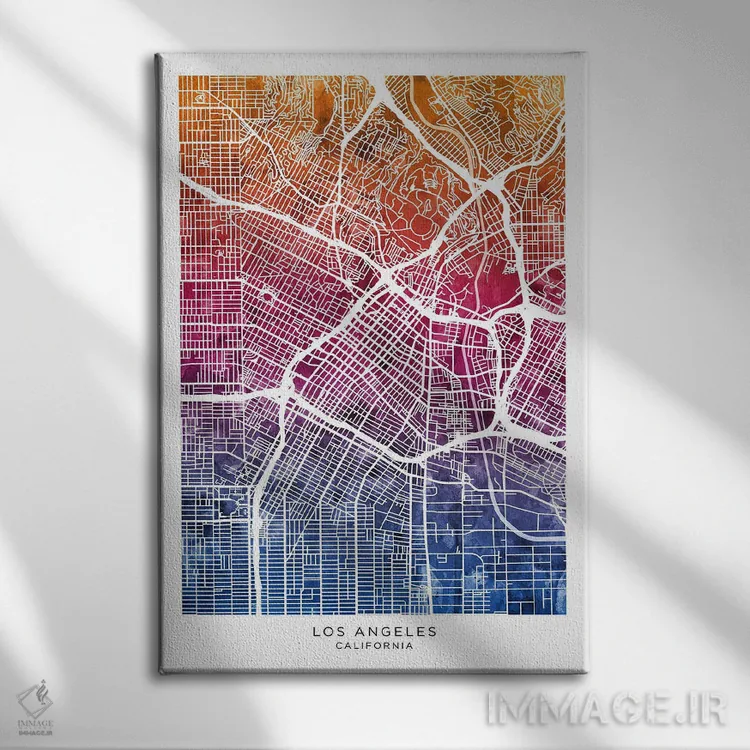 تابلو دکوراتیو نقشه لس آنجلس آبی-صورتی اثر مایکل تامپست - نمای روبهرو روی دیوار
