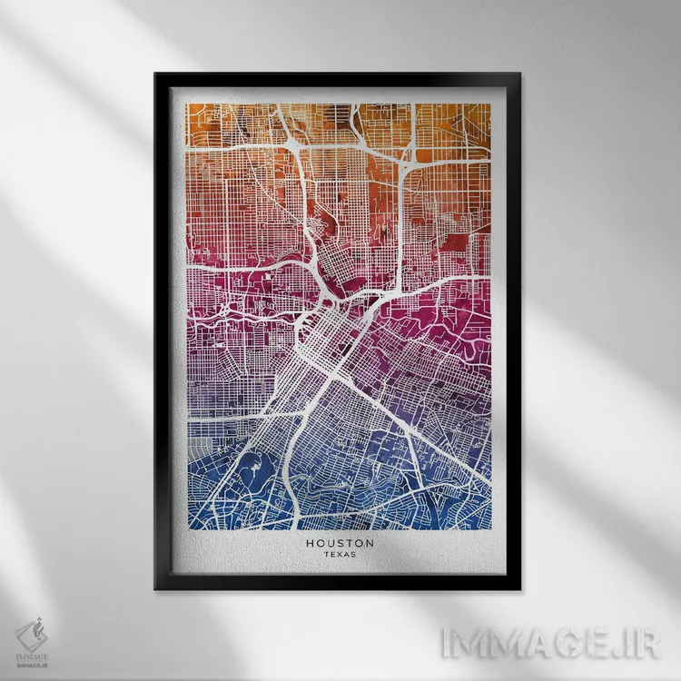 تابلو دکوراتیو نقشه هیوستون آبی-صورتی اثر مایکل تامپست - نمای قابدار مشکی