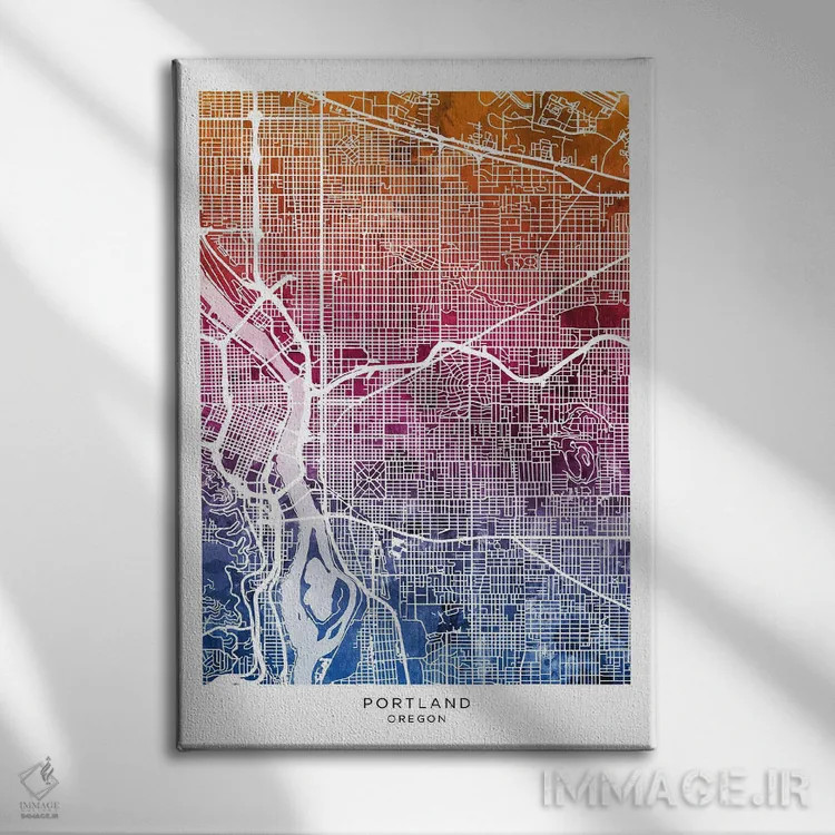تابلو دکوراتیو نقشه پورتلند آبی-صورتی اثر مایکل تامپست - نمای روبهرو روی دیوار