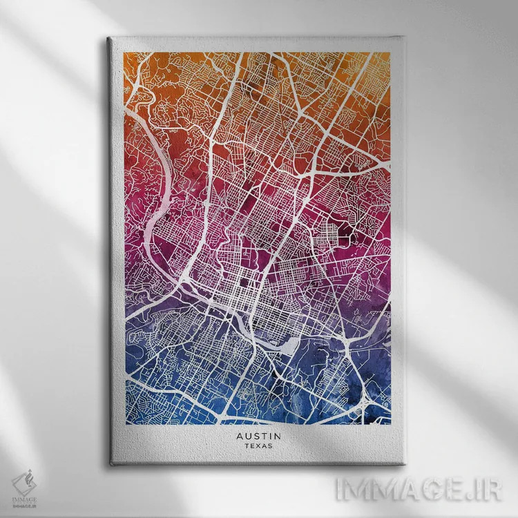 تابلو دکوراتیو نقشه آستین تگزاس آبی-صورتی اثر مایکل تامپست - نمای روبهرو روی دیوار