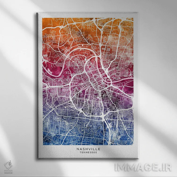 تابلو دکوراتیو نقشه نشویل آبی-صورتی اثر مایکل تامپست - نمای روبهرو روی دیوار