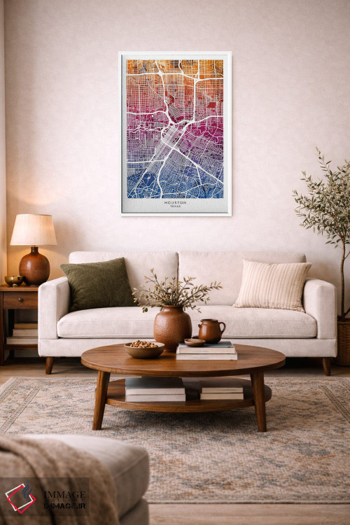 تابلو دکوراتیو نقشه هیوستون آبی-صورتی اثر مایکل تامپست - D2W