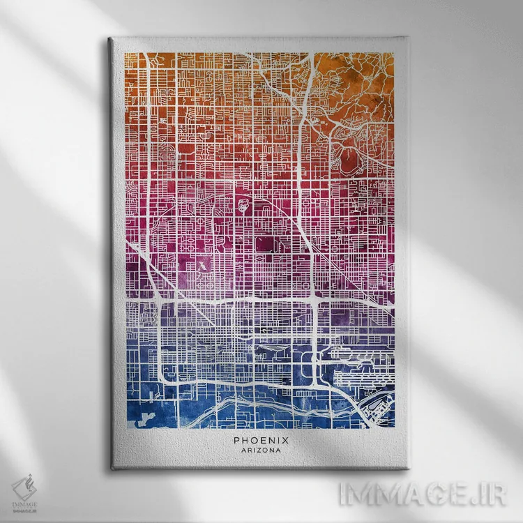 تابلو دکوراتیو نقشه فینیکس آبی-صورتی اثر مایکل تامپست - نمای روبهرو روی دیوار