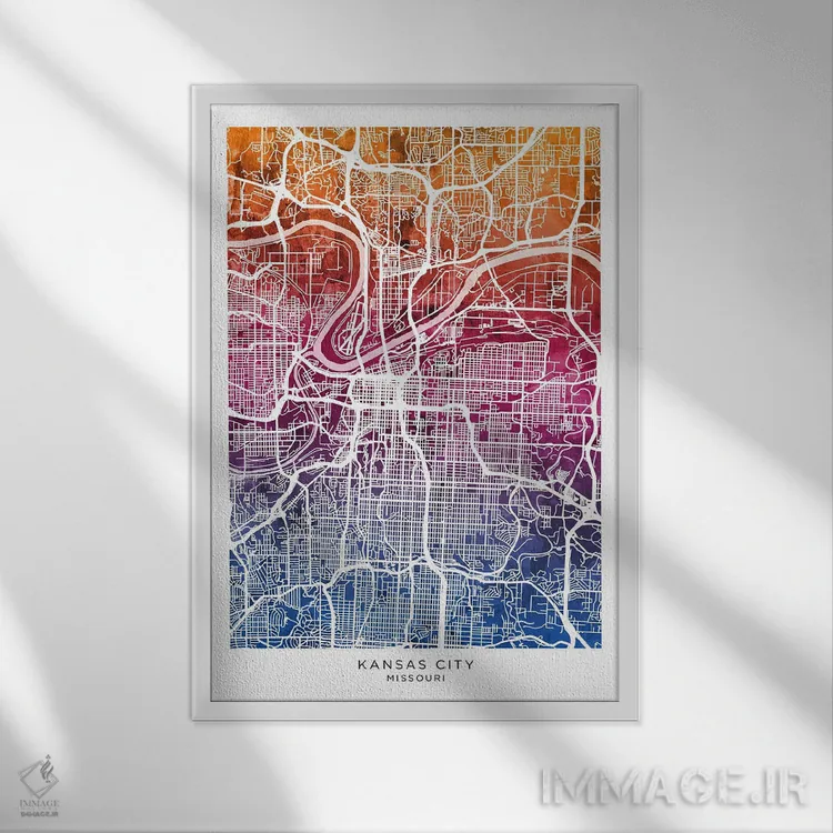 تابلو دکوراتیو نقشه کانزاس سیتی آبی-صورتی اثر مایکل تامپست - نمای قابدار سفید