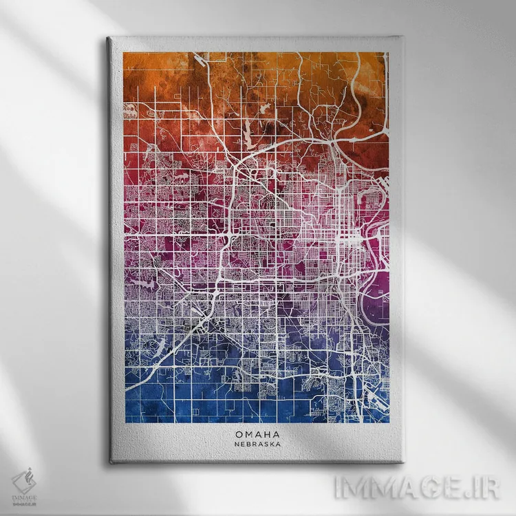 تابلو دکوراتیو نقشه اوماها آبی-صورتی اثر مایکل تامپست - نمای روبهرو روی دیوار