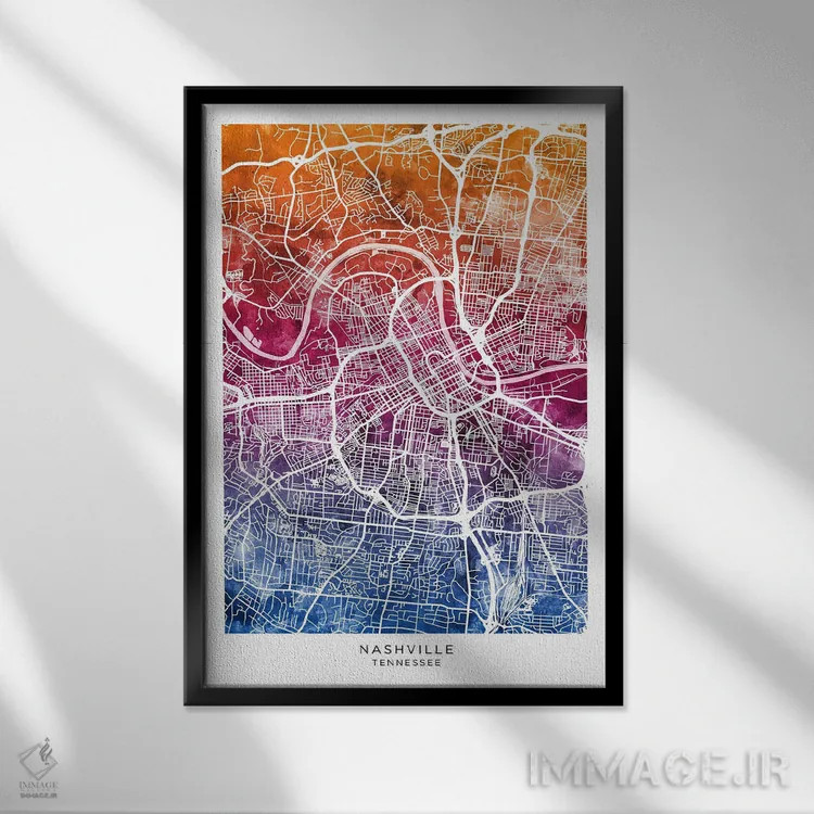 تابلو دکوراتیو نقشه نشویل آبی-صورتی اثر مایکل تامپست - نمای قابدار مشکی