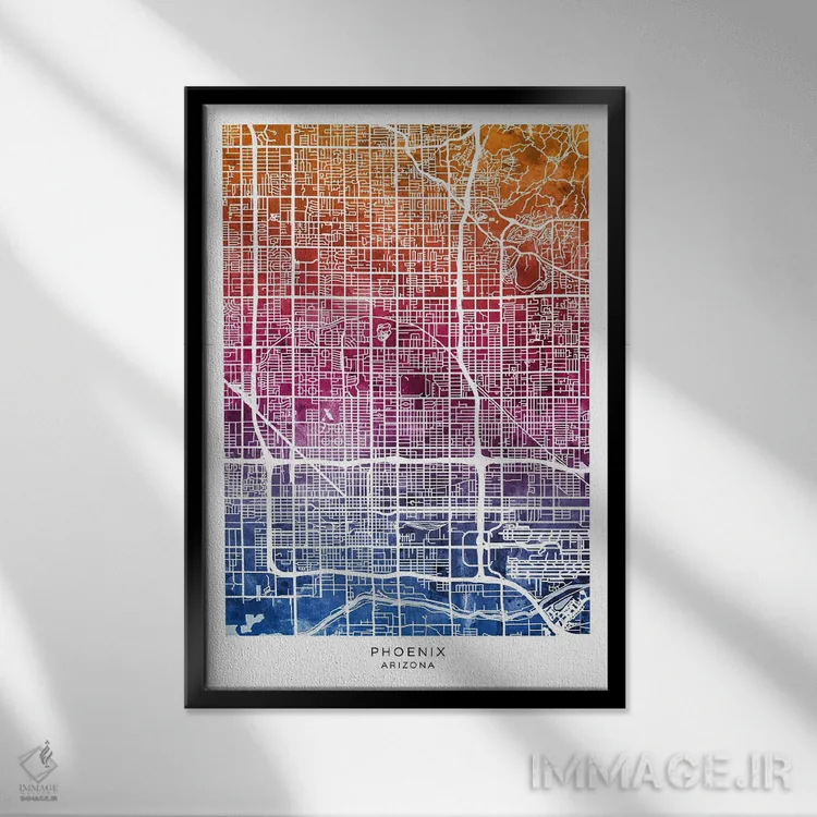 تابلو دکوراتیو نقشه فینیکس آبی-صورتی اثر مایکل تامپست - نمای قابدار مشکی