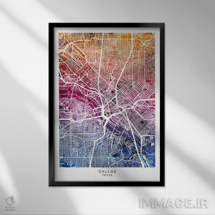 تابلو دکوراتیو نقشه دالاس تگزاس آبی-صورتی اثر مایکل تامپست - نمای قابدار مشکی