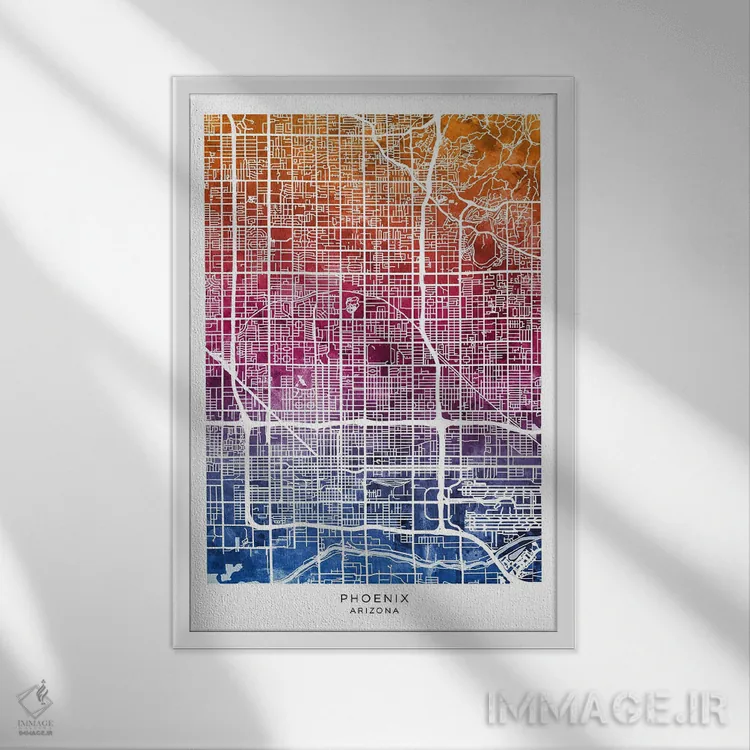 تابلو دکوراتیو نقشه فینیکس آبی-صورتی اثر مایکل تامپست - نمای قابدار سفید