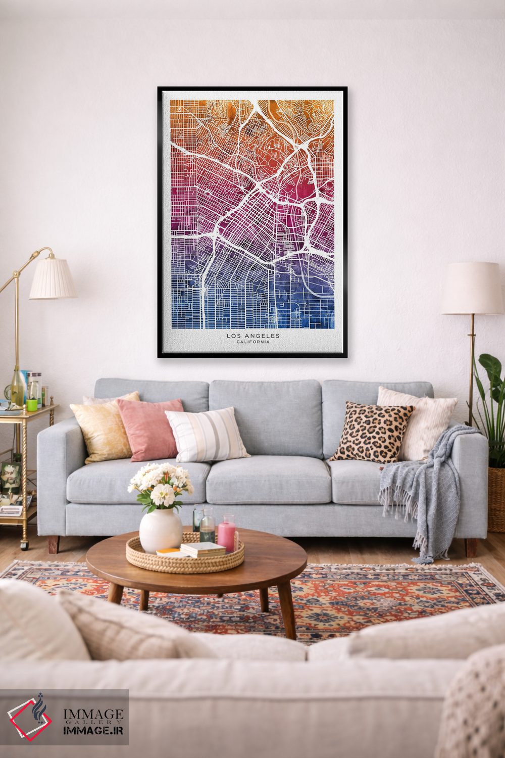 تابلو دکوراتیو نقشه لس آنجلس آبی-صورتی اثر مایکل تامپست - D1B