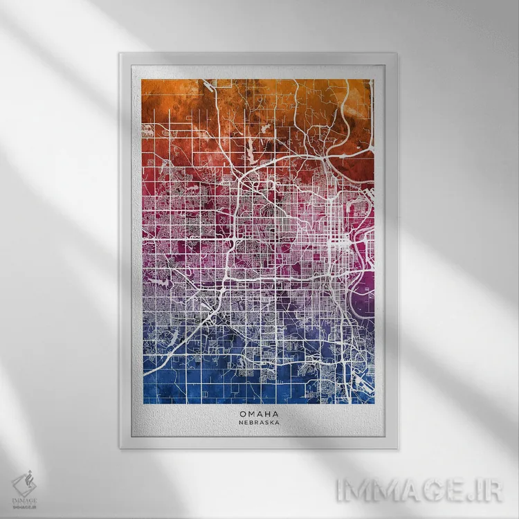 تابلو دکوراتیو نقشه اوماها آبی-صورتی اثر مایکل تامپست - نمای قابدار سفید