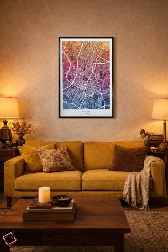 تابلو دکوراتیو نقشه آستین تگزاس آبی-صورتی اثر مایکل تامپست - D5B