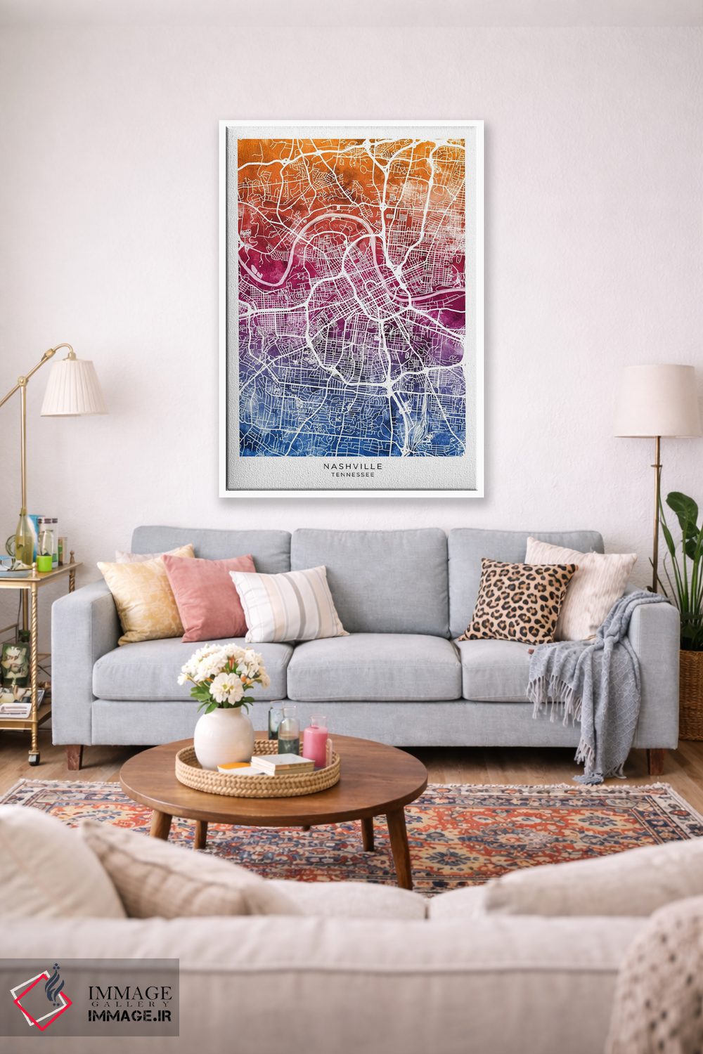 تابلو دکوراتیو نقشه نشویل آبی-صورتی اثر مایکل تامپست - D1W