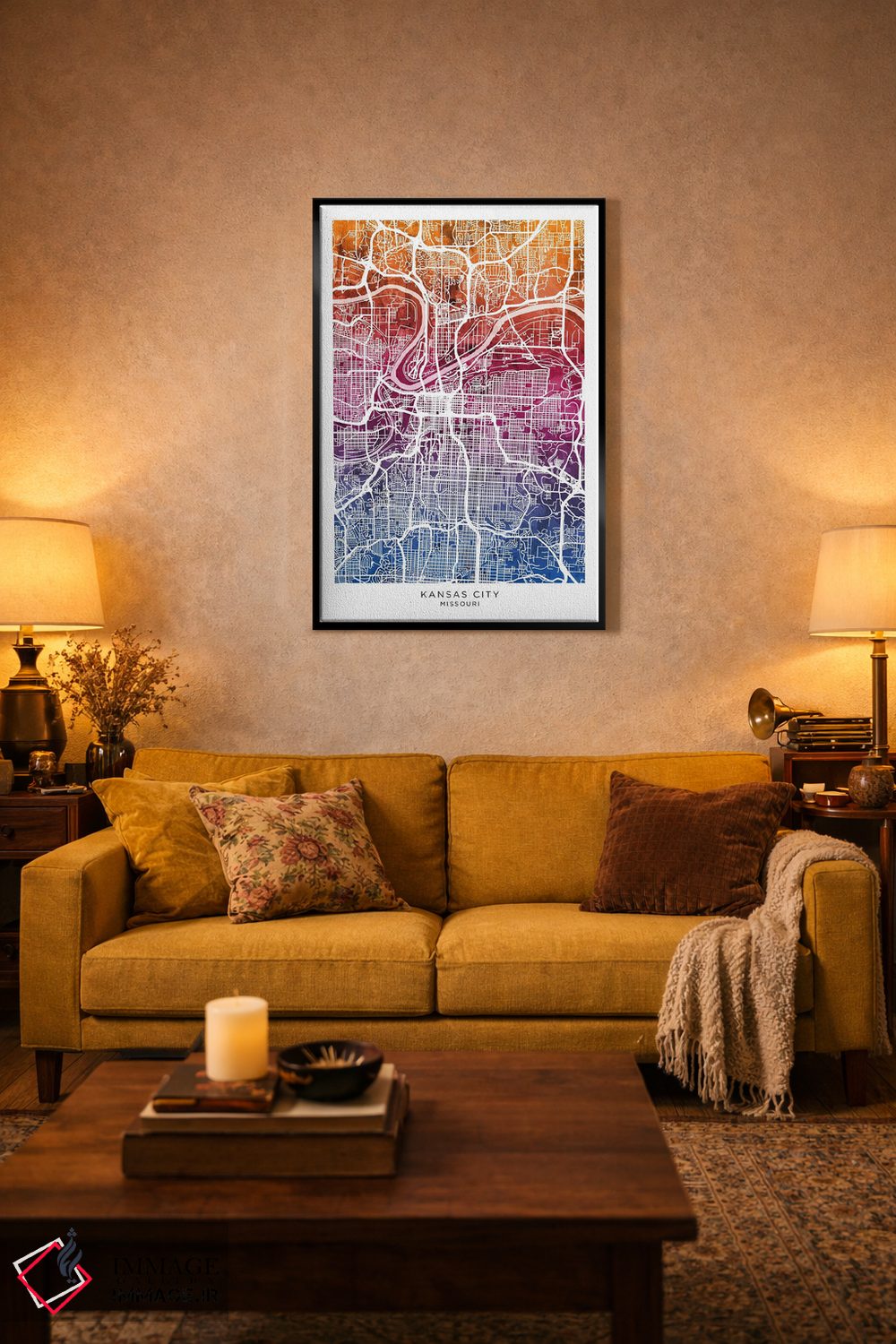 تابلو دکوراتیو نقشه کانزاس سیتی آبی-صورتی اثر مایکل تامپست - D3B