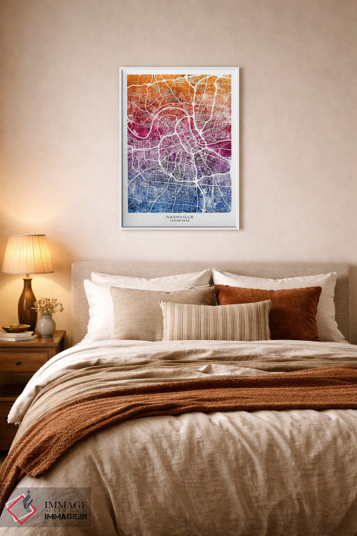 تابلو دکوراتیو نقشه نشویل آبی-صورتی اثر مایکل تامپست - D5W