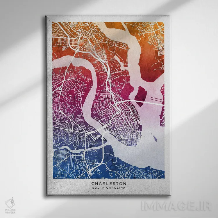 تابلو دکوراتیو نقشه چارلستون آبی-صورتی اثر مایکل تامپست - نمای روبهرو روی دیوار