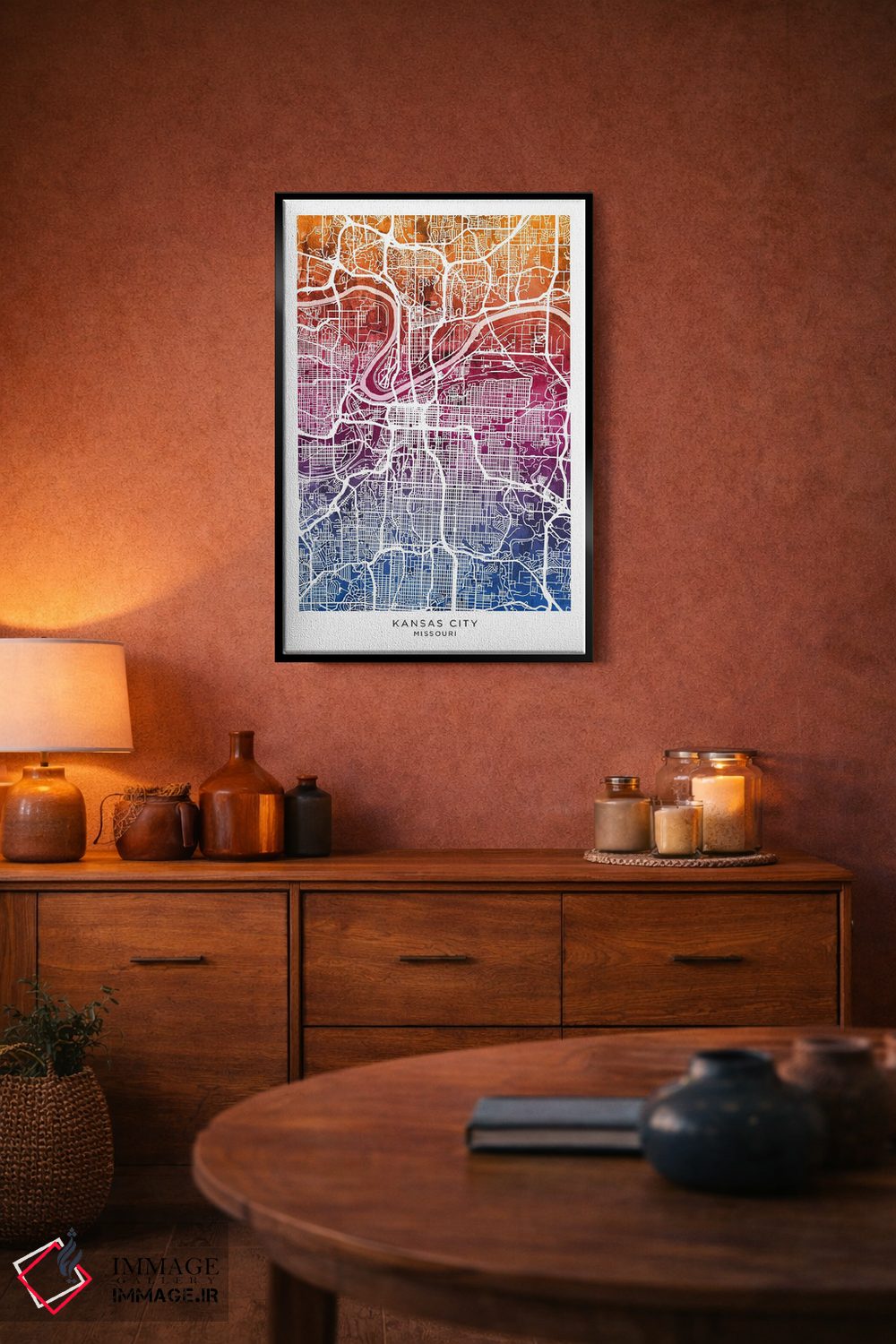 تابلو دکوراتیو نقشه کانزاس سیتی آبی-صورتی اثر مایکل تامپست - D5B