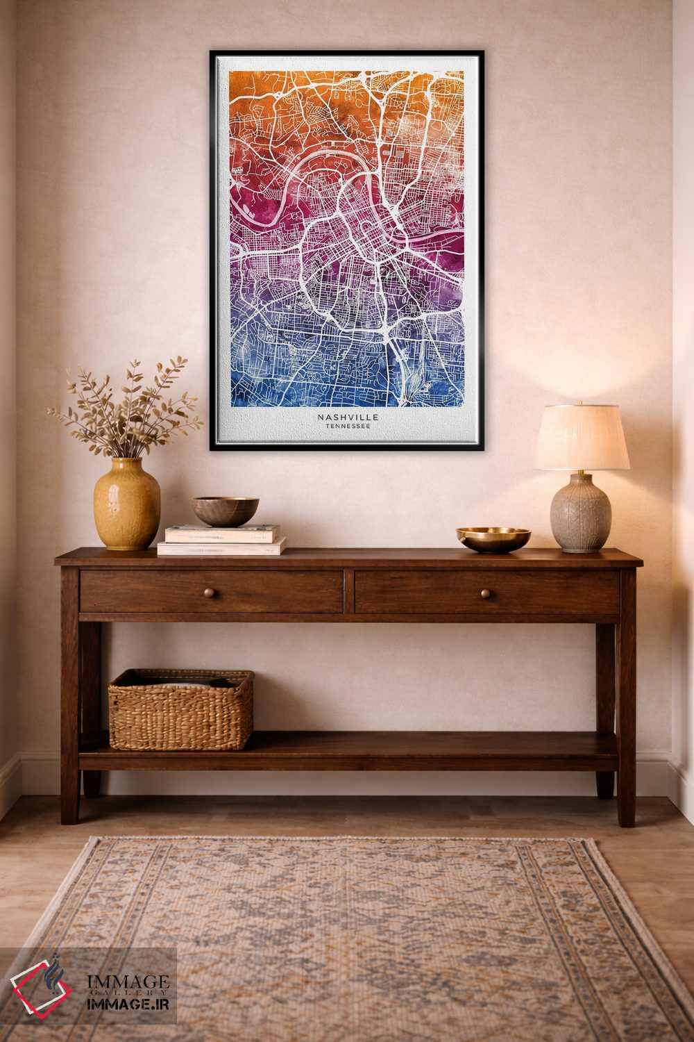 تابلو دکوراتیو نقشه نشویل آبی-صورتی اثر مایکل تامپست - D4B