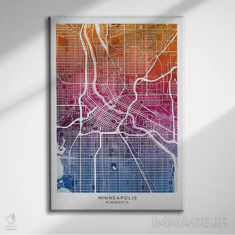 تابلو دکوراتیو نقشه مینیاپولیس آبی-صورتی اثر مایکل تامپست - نمای روبهرو روی دیوار
