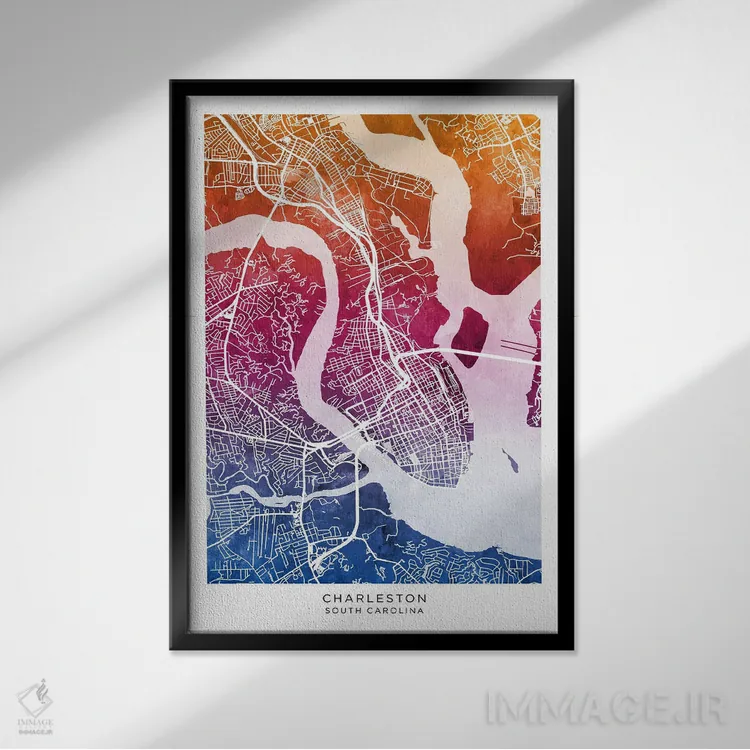 تابلو دکوراتیو نقشه چارلستون آبی-صورتی اثر مایکل تامپست - نمای قابدار مشکی
