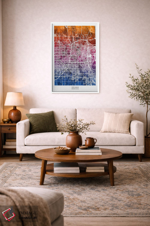 تابلو دکوراتیو نقشه اوماها آبی-صورتی اثر مایکل تامپست - D2W