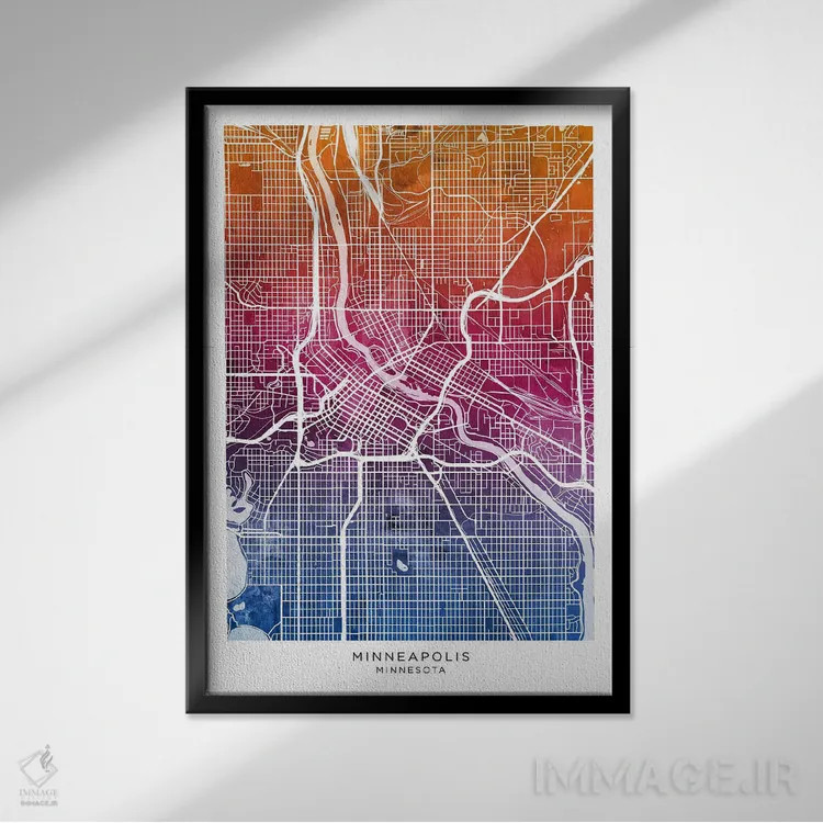 تابلو دکوراتیو نقشه مینیاپولیس آبی-صورتی اثر مایکل تامپست - نمای قابدار مشکی