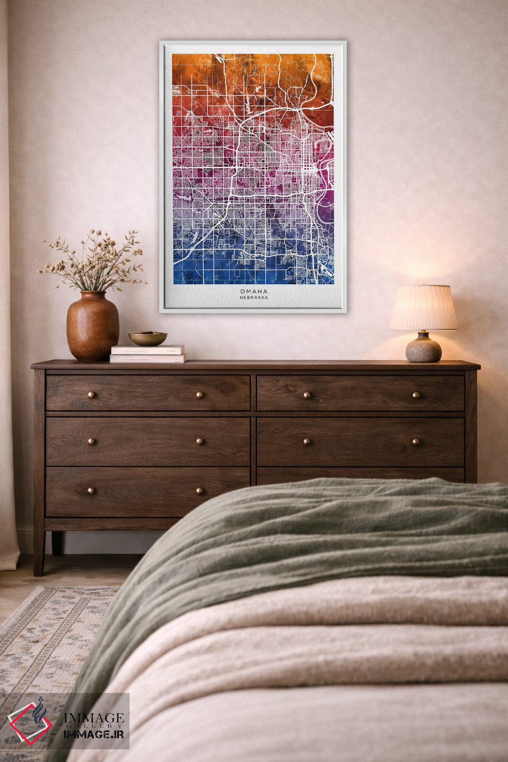 تابلو دکوراتیو نقشه اوماها آبی-صورتی اثر مایکل تامپست - D3W