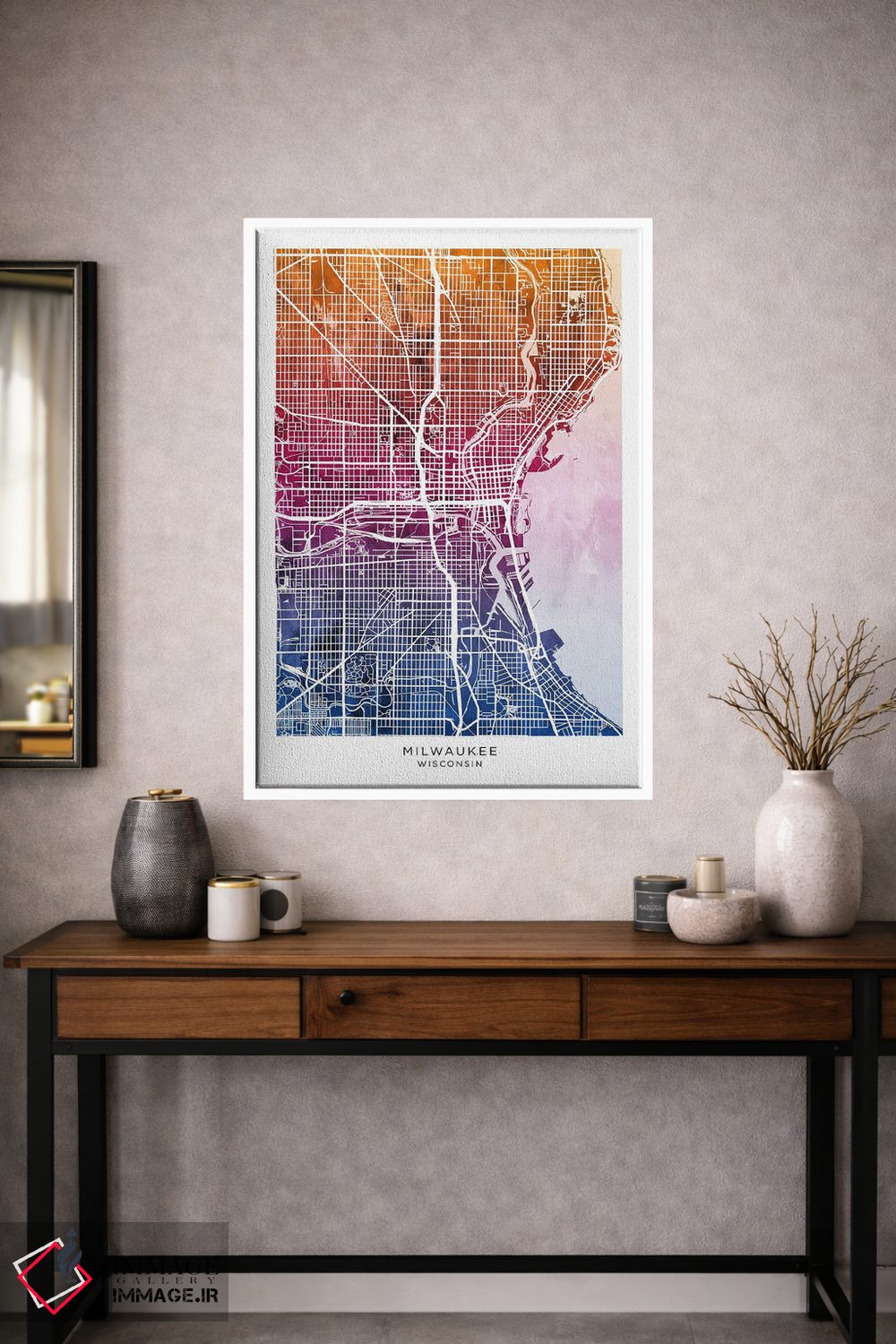 تابلو دکوراتیو نقشه میلواکی آبی-صورتی اثر مایکل تامپست - D1W