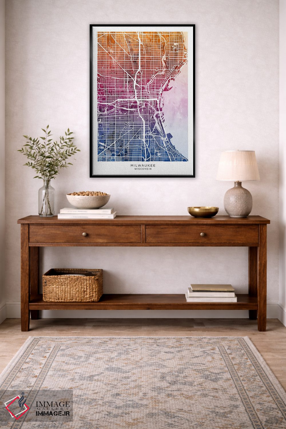 تابلو دکوراتیو نقشه میلواکی آبی-صورتی اثر مایکل تامپست - D4B