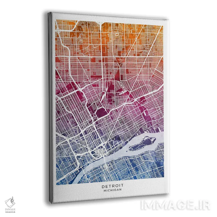 تابلو دکوراتیو نقشه دیترویت آبی-صورتی اثر مایکل تامپست - نمای پرسپکتیو محصول