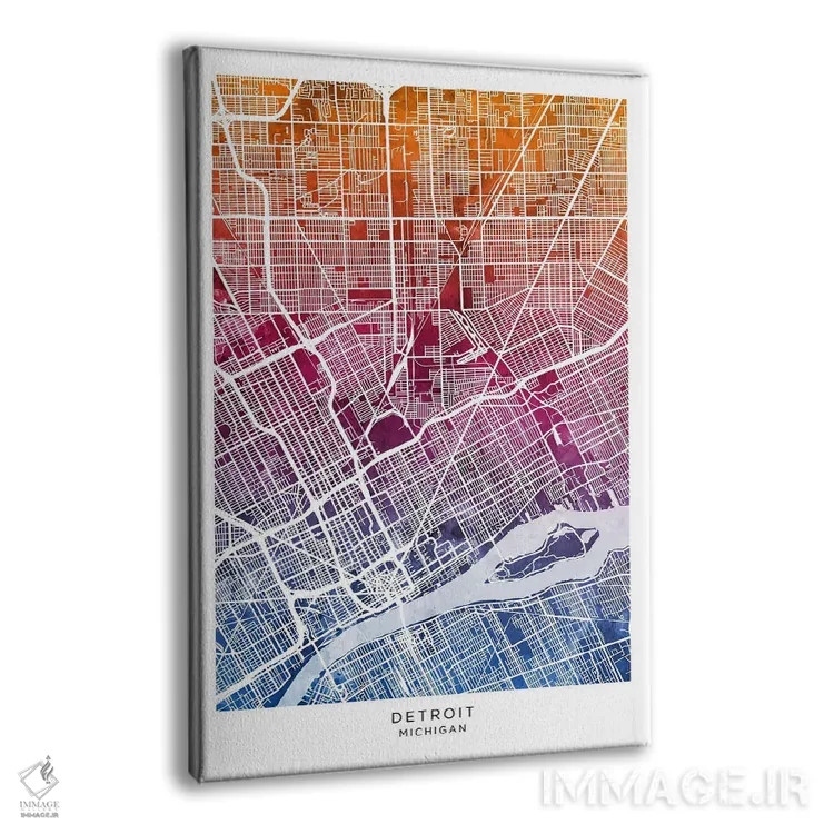 تابلو دکوراتیو نقشه دیترویت آبی-صورتی اثر مایکل تامپست - نمای پرسپکتیو محصول