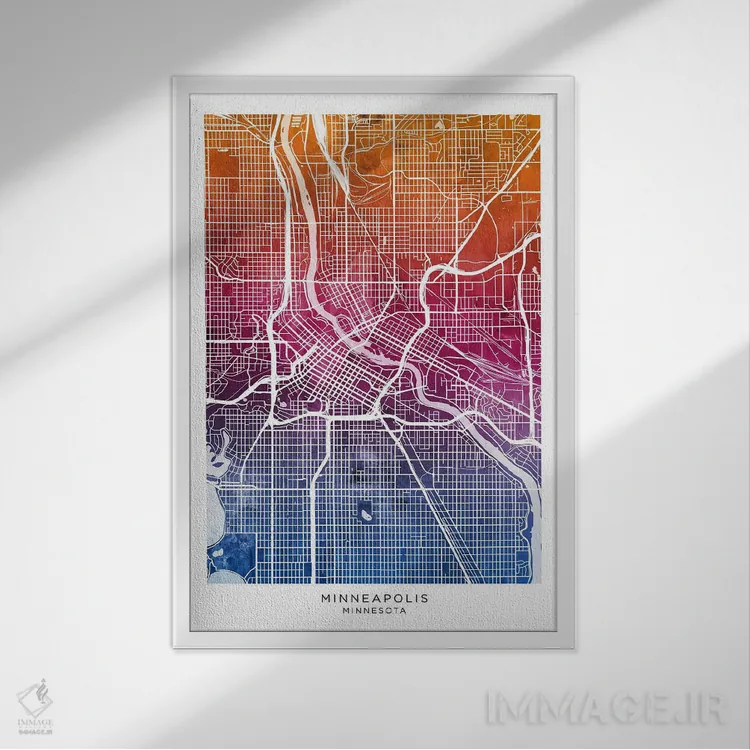تابلو دکوراتیو نقشه مینیاپولیس آبی-صورتی اثر مایکل تامپست - نمای قابدار سفید